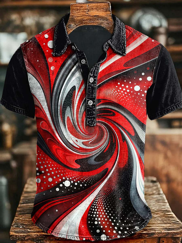 Abstract Swirl Rotating Print Casual Short Sleeve Polo Shirt