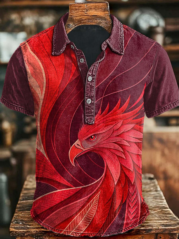 Phoenix Print Casual Short Sleeve Polo Shirt