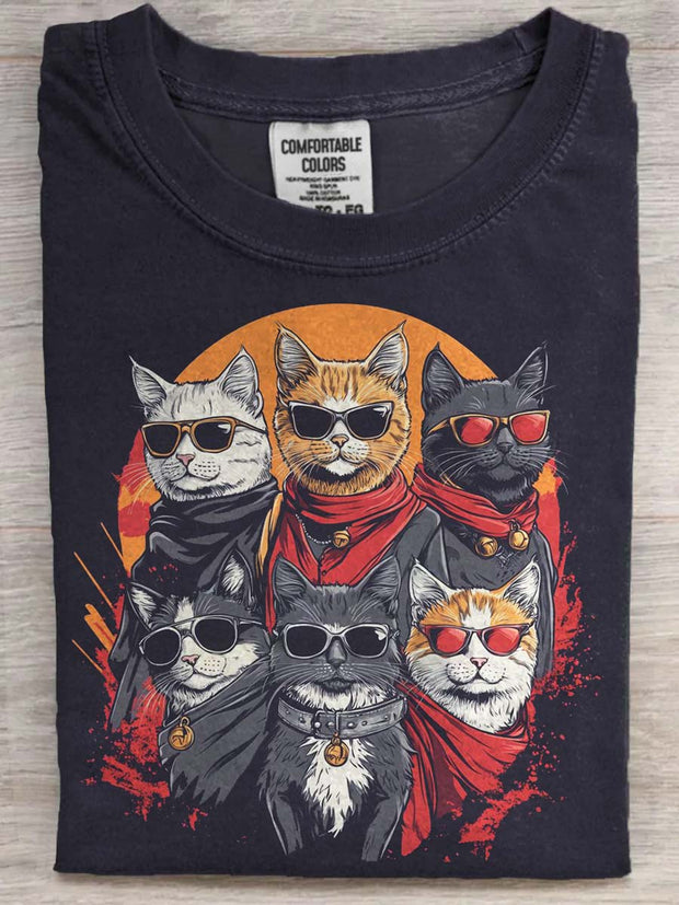 Six Sunglasses Meow Casual Printed Short Sleeve T-Shirt
