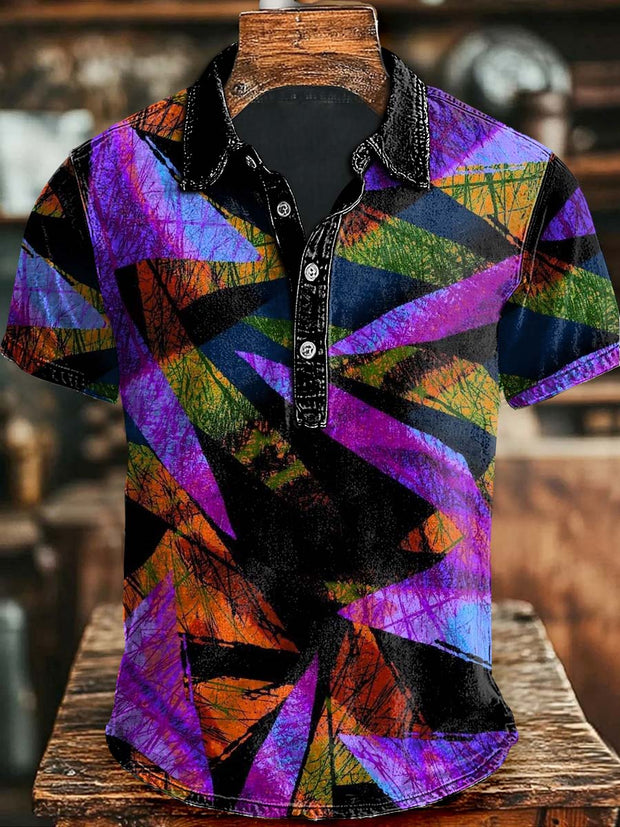 Abstract Gradient Geometric Patchwork Print Casual Short Sleeve Polo Shirt