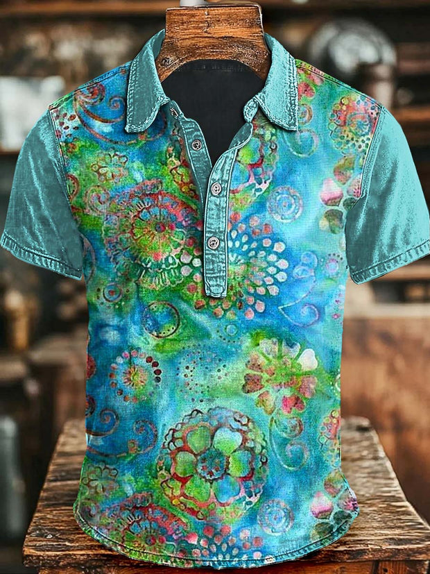 Vintage Floral Print Casual Short Sleeve Polo Shirt