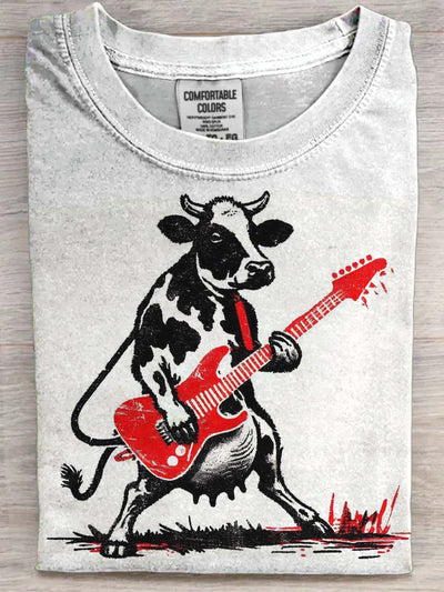 Funny Cow Guitarist Printed Casual Short Sleeve T-Shirt