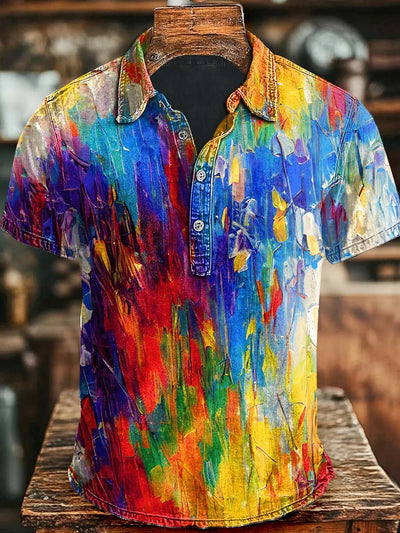 Abstract Oil Gradient Color Print Casual Short Sleeve Polo Shirt