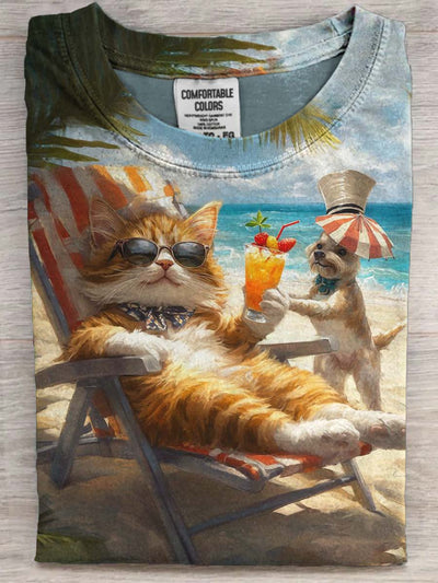 Funny Beach Vacation Cat Print Casual Short Sleeve T-Shirt