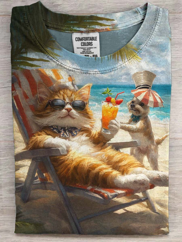 Funny Beach Vacation Cat Print Casual Short Sleeve T-Shirt