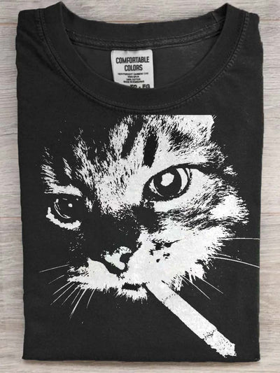 Funny Smoking Cat Printed Casual Short Sleeve T-Shirt