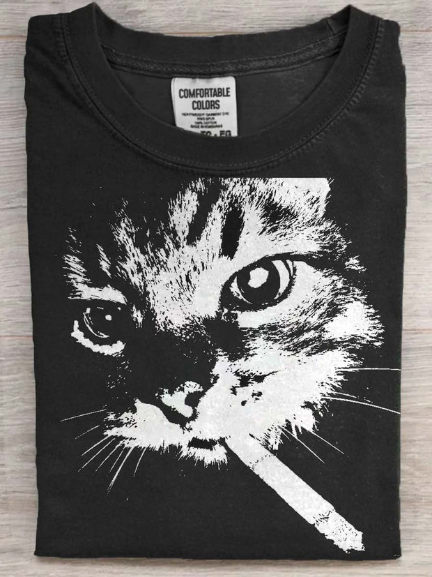 Funny Smoking Cat Printed Casual Short Sleeve T-Shirt