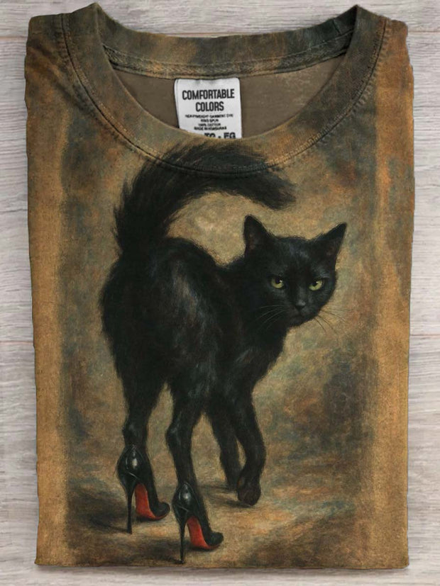 Funny Cat in High Heels Printed Casual Short Sleeve T-Shirt