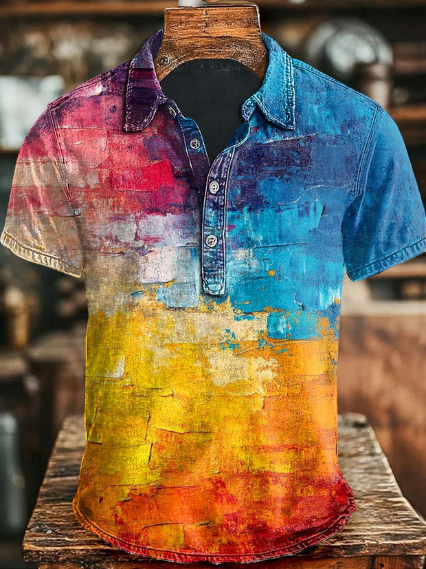 Abstract Oil Gradient Color Print Casual Short Sleeve Polo Shirt