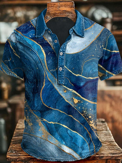 Gradient Marble Print Casual Short Sleeve Polo Shirt