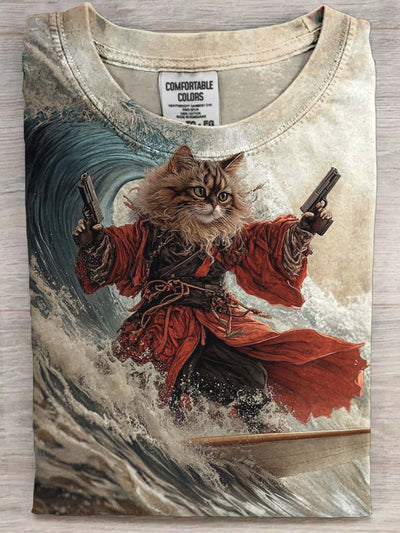Surfing Captain Cat Print Casual Short Sleeve T-Shirt