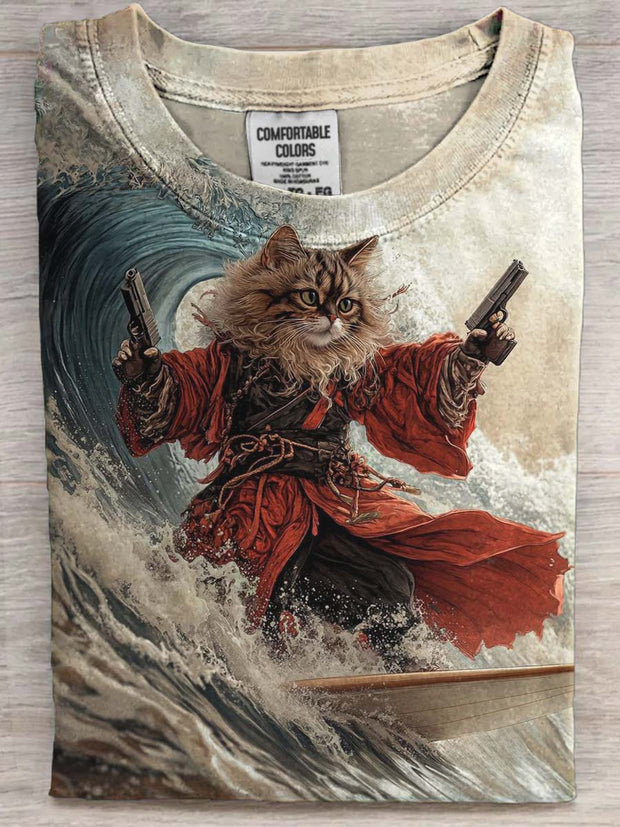 Surfing Captain Cat Print Casual Short Sleeve T-Shirt