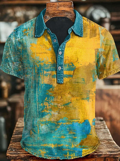 Abstract Oil Gradient Color Print Casual Short Sleeve Polo Shirt