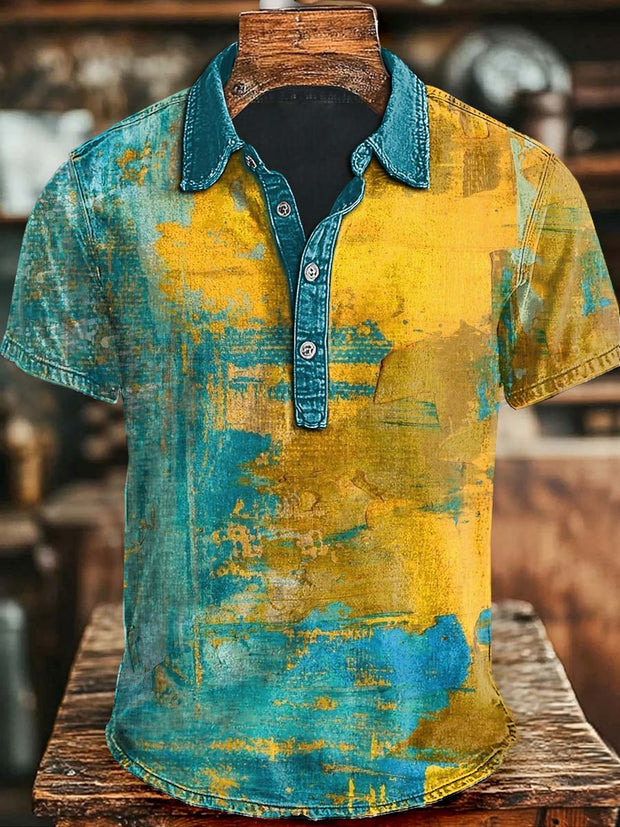 Abstract Oil Gradient Color Print Casual Short Sleeve Polo Shirt