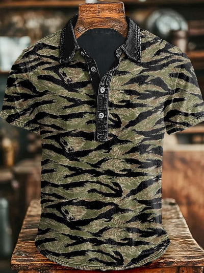 Vintage Abstract Stripe Print Casual Short Sleeve Polo Shirt