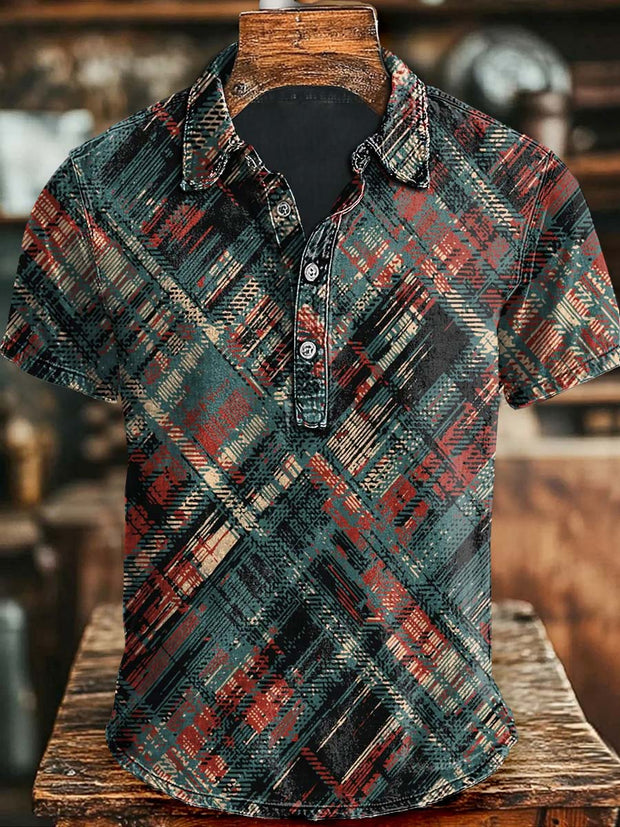 Retro Plaid Printed Casual Printed Short Sleeved Polo Shirt
