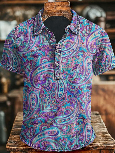Retro Paisley Pattern Casual Printed Short Sleeved Polo Shirt