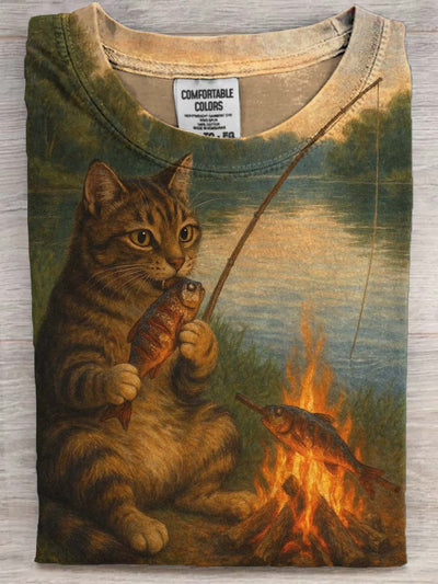 Funny Cat Fishing Printed Casual Short Sleeve T-shirt