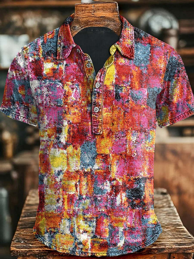 Abstract Checkered Printed Casual Printed Short Sleeved Polo Shirt