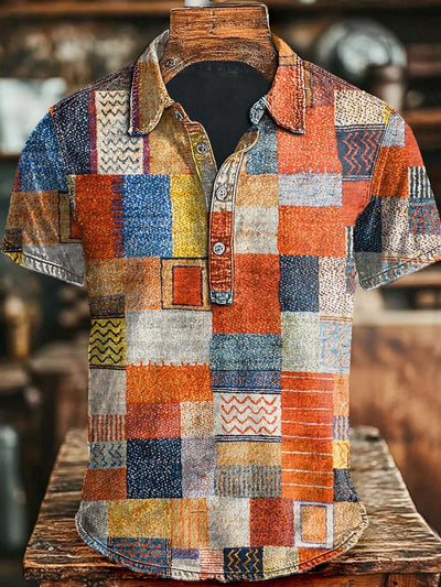 Retro Colored Irregular Grid Casual Printed Short Sleeved Polo Shirt