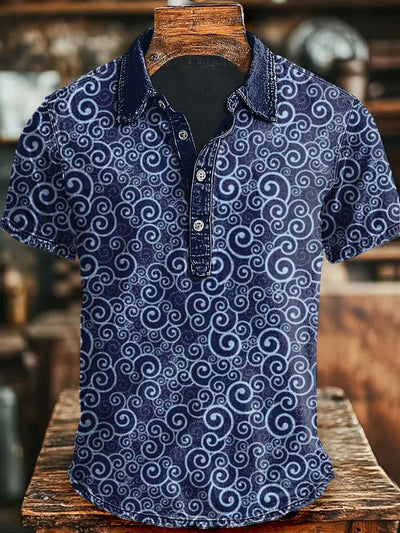 Retro Cloud Print Casual Print Short Sleeved Polo Shirt