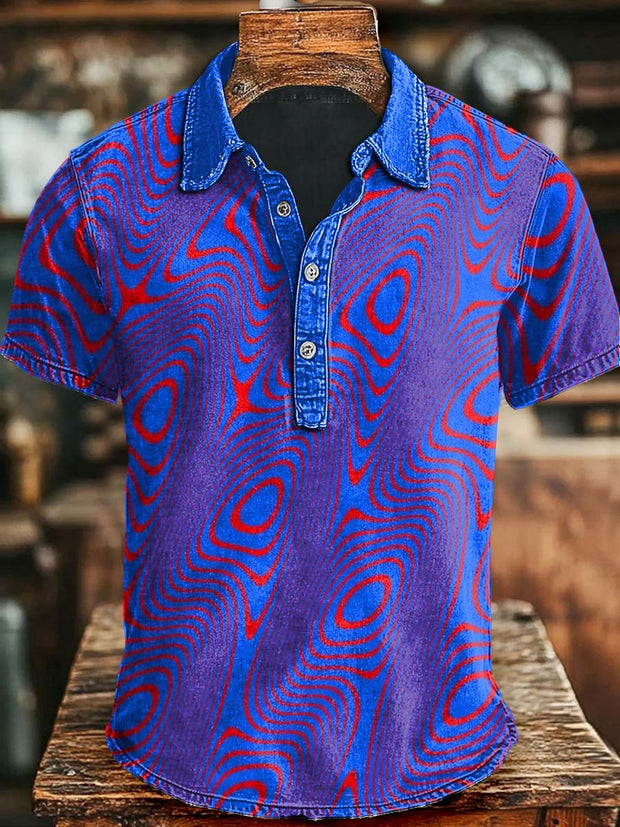 Abstract Ripple Printed Casual Printed Short Sleeved Polo Shirt