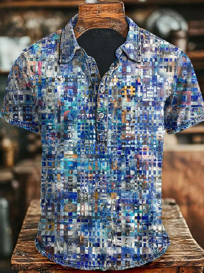 Abstract Checkered Printed Casual Printed Short Sleeved Polo Shirt