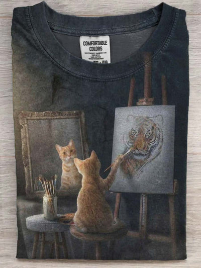 Funny Cat Painting Printed Casual Short Sleeve T-shirt