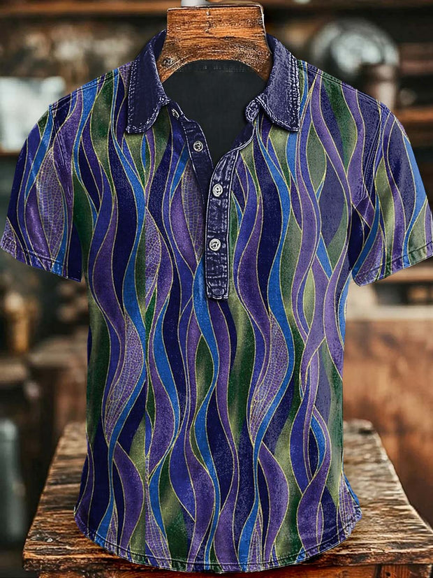 Irregular Stripe Print Casual Short Sleeve Polo Shirt