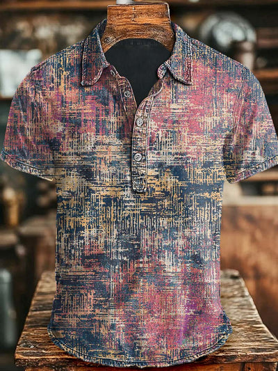 Vintage Aged Textured Print Casual Short Sleeve Polo Shirt