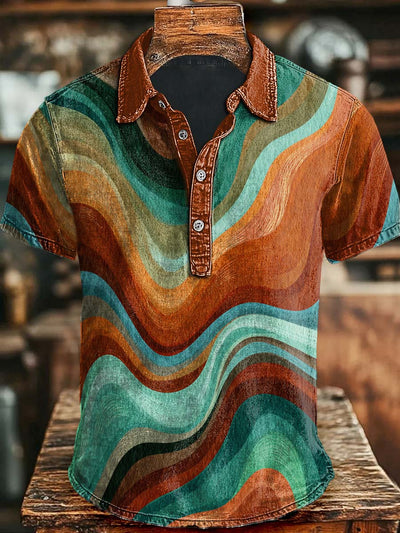 Vintage Desert Art Stripe Print Casual Short Sleeve Polo Shirt