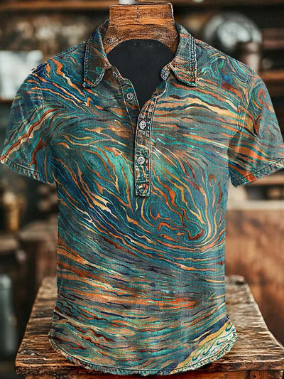 Abstract Swirl Stripe Print Casual Short Sleeve Polo Shirt