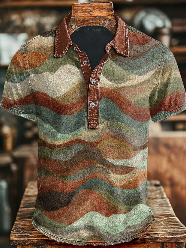 Vintage Desert Art Stripe Print Casual Short Sleeve Polo Shirt