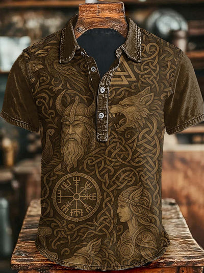 Vintage Nordic Culture Print Casual Short Sleeve Polo Shirt