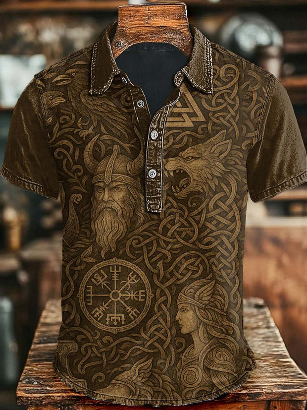Vintage Nordic Culture Print Casual Short Sleeve Polo Shirt