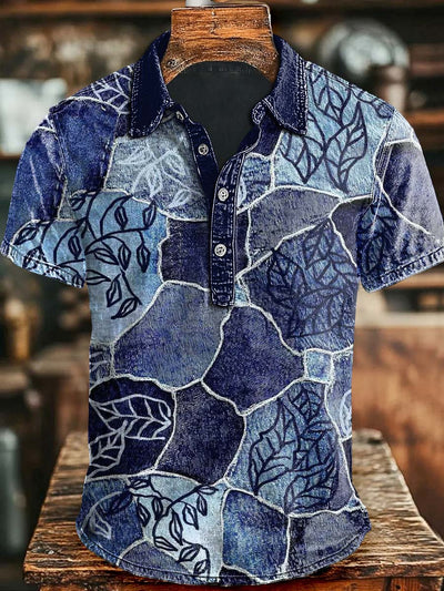 Abstract Patchwork Denim Print Casual Short Sleeve Polo Shirt