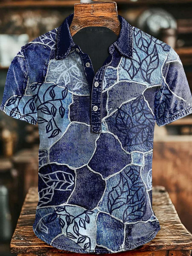 Abstract Patchwork Denim Print Casual Short Sleeve Polo Shirt