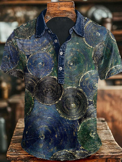 Vintage Gradient Woodgrain Print Casual Short Sleeve Polo Shirt