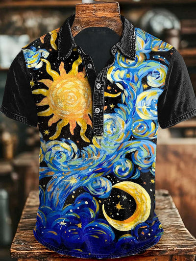 Abstract Sun Moon Print Casual Short Sleeve Polo Shirt
