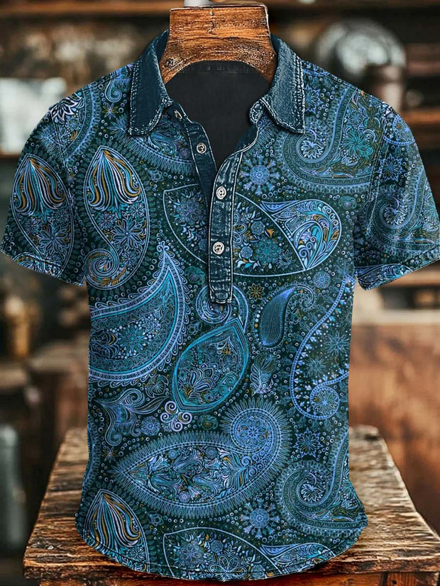Vintage Paisley Print Casual Short Sleeve Polo Shirt