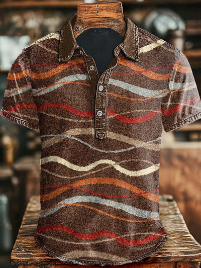 Vintage Desert Art Stripe Print Casual Short Sleeve Polo Shirt