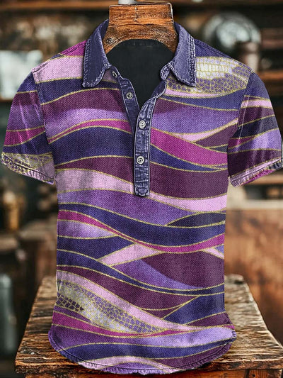 Vintage Wave Stripe Print Casual Short Sleeve Polo Shirt