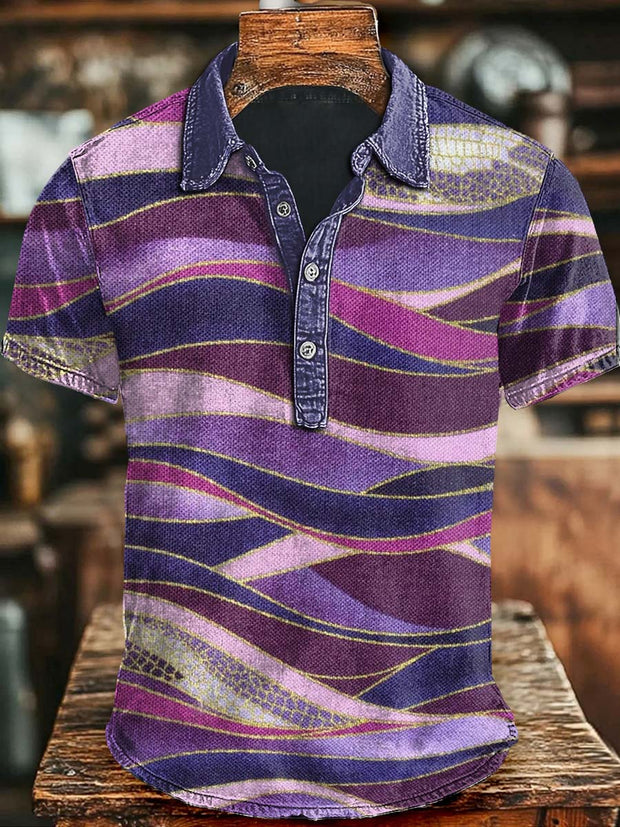Vintage Wave Stripe Print Casual Short Sleeve Polo Shirt