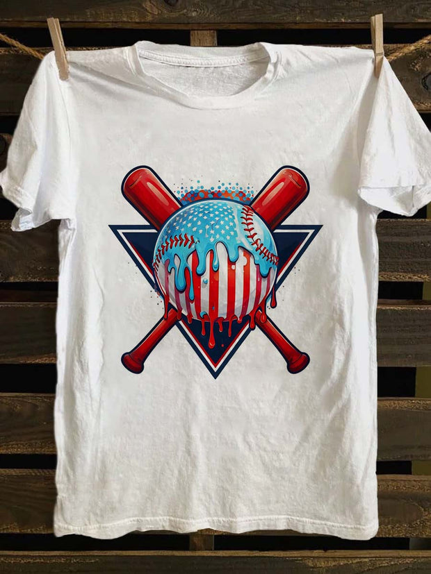 Baseball Flag Print Casual Short Sleeve T-Shirt