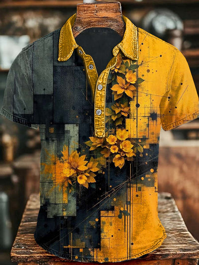 Gradient Splicing Floral Art Print Casual Short Sleeve Polo Shirt