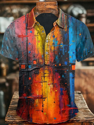 Gradient Oil Painting Art Print Casual Short Sleeve Polo Shirt