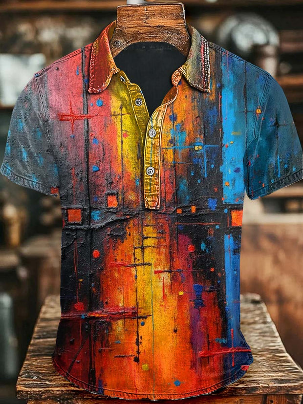 Gradient Oil Painting Art Print Casual Short Sleeve Polo Shirt