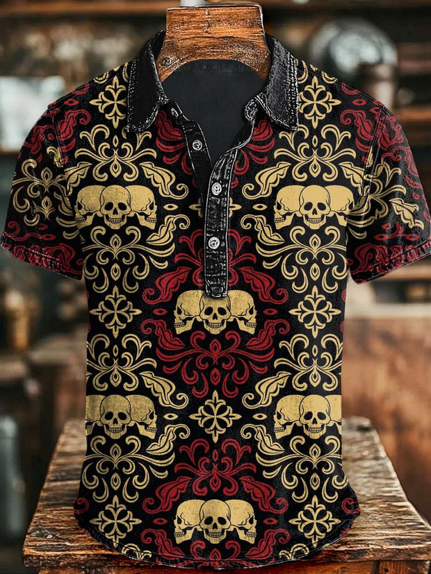 Gothic Floral Skull Print Casual Short Sleeve Polo Shirt