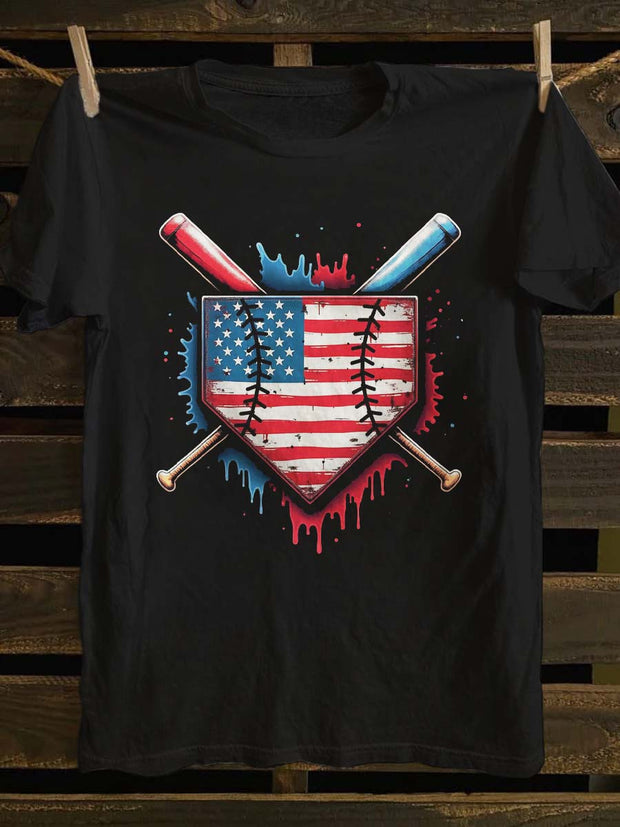Baseball Flag Print Casual Short Sleeve T-Shirt