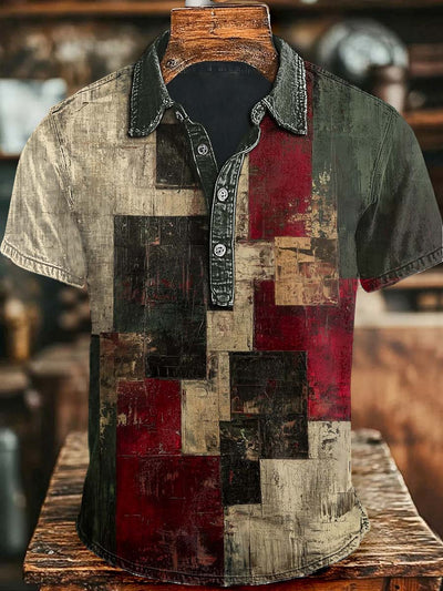 Irregular Square Art Print Casual Short Sleeve Polo Shirt